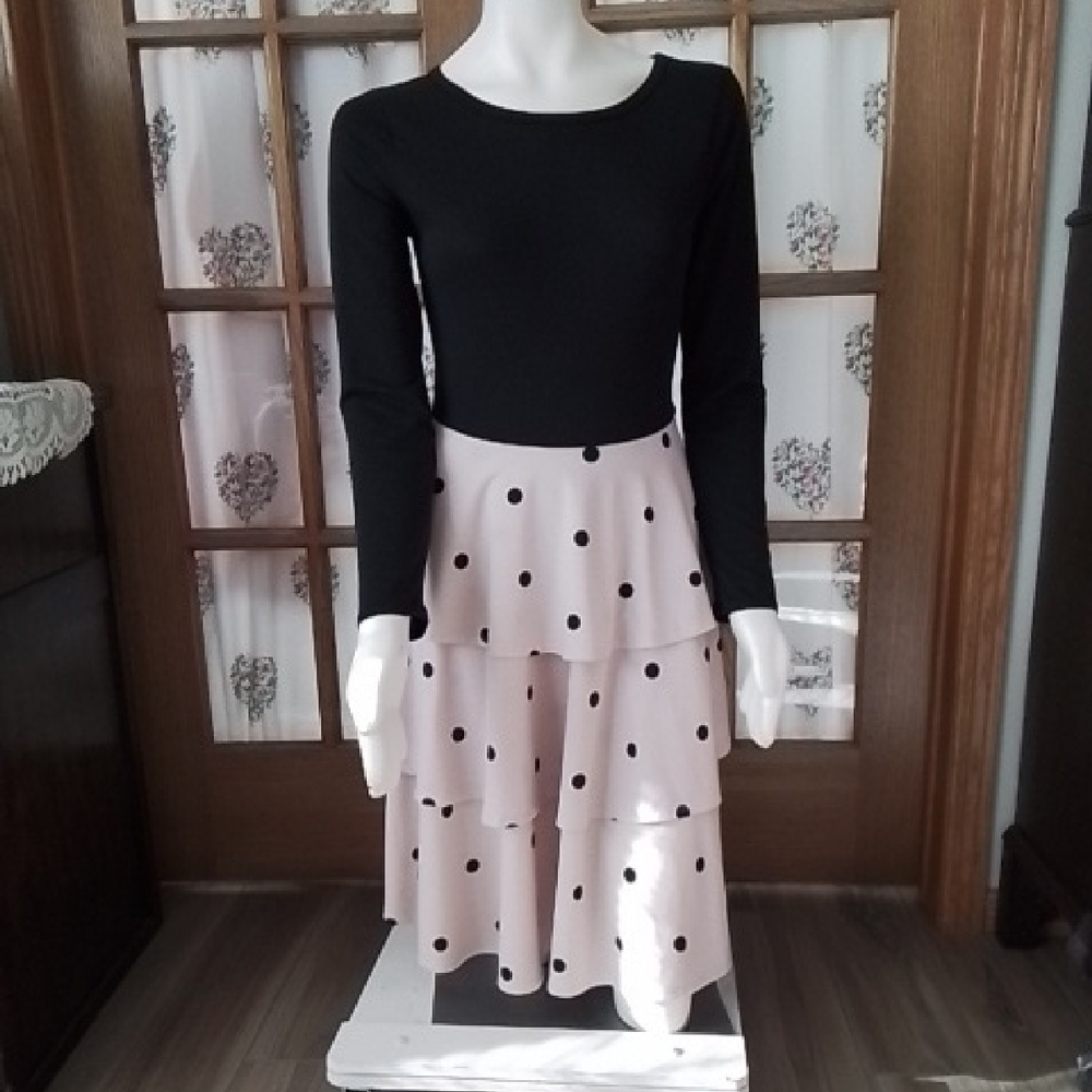 LulaRoe Dress with a Chic Black Top and Pastel Pink Polka Dot Skirt, size M.